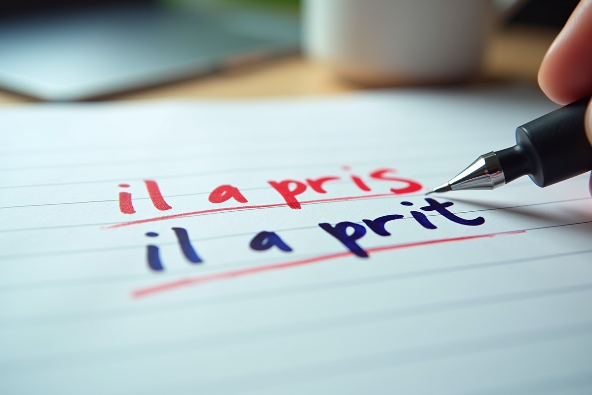 Phrase française écrite à la main avec souslignements en couleur