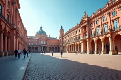 Vue grand angle de la Place du Capitole à Toulouse avec sa célèbre façade en briques roses et ses pavés