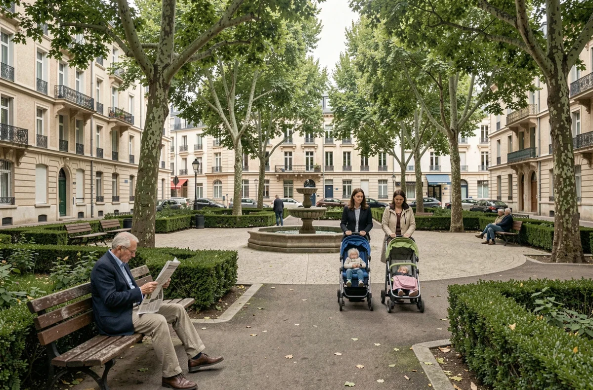 Place résidentielle d'un quartier de Rennes montrant différentes générations cohabitant, reflet de la diversité démographique de la ville