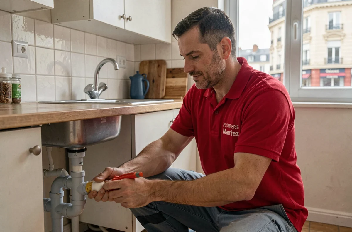 Plombier Plomberie Martinez posant des canalisations PVC sous un évier dans un appartement de Saint-Denis
