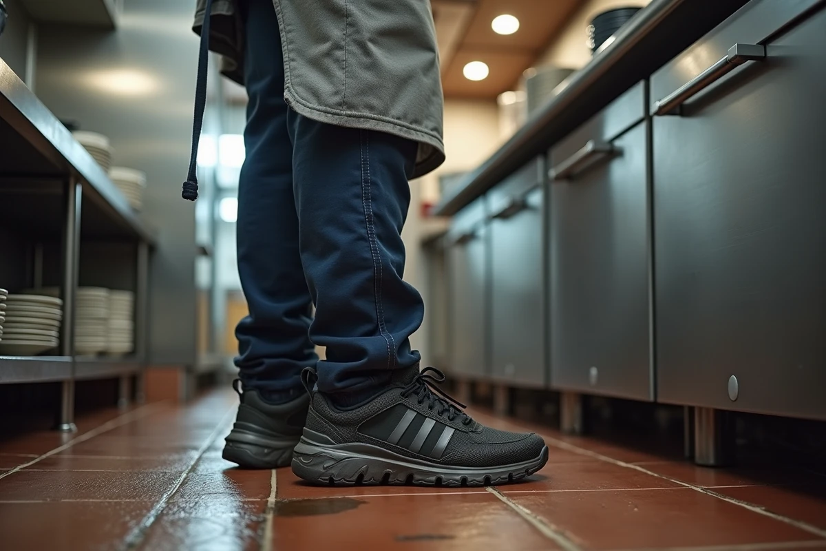 Homme plongeur debout sur sol mouille avec chaussures antidérapantes