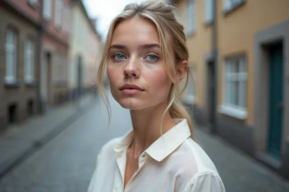 Portrait en gros plan d'une femme aux yeux bleus clairs typiques des populations d'Europe du Nord, illustrant la forte prévalence des yeux bleus dans les régions scandinaves
