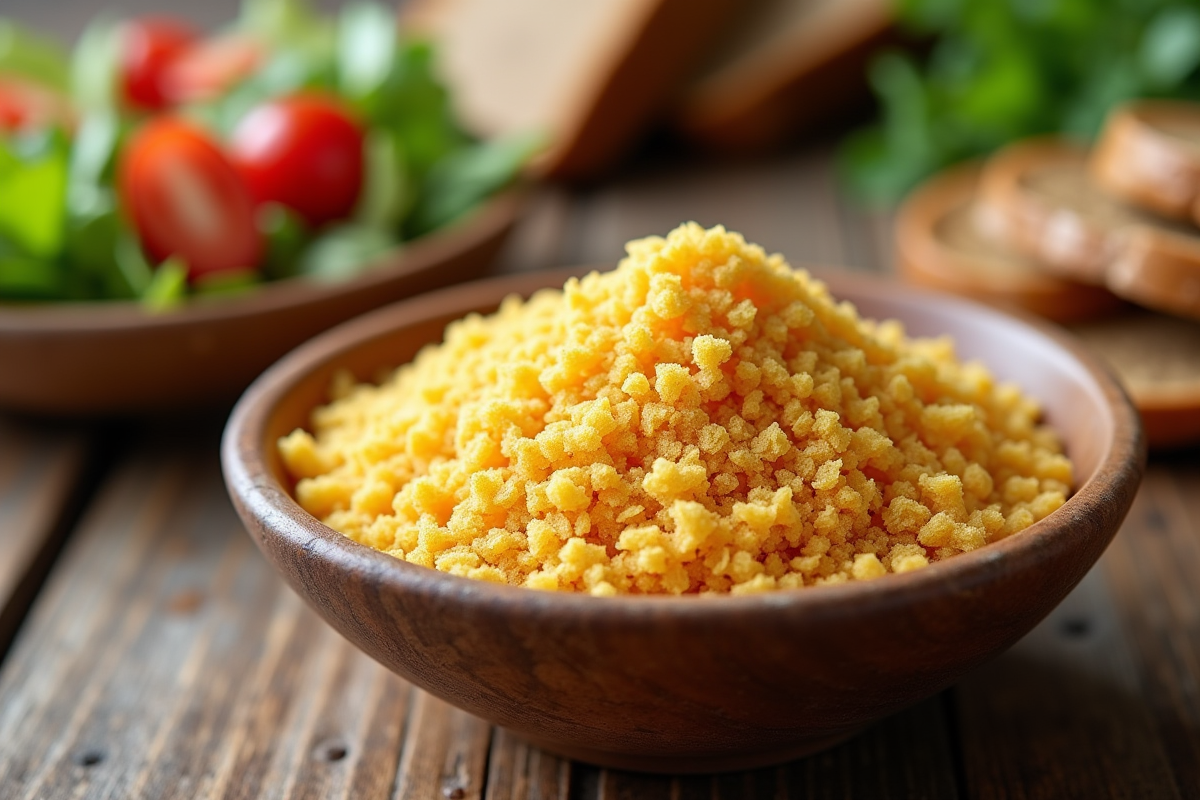 Bol de levure de bière naturelle sur une table en bois avec salade