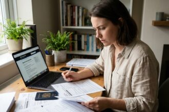 Jeune femme préparant sa demande de PVT en vérifiant des documents administratifs sur un bureau en bois