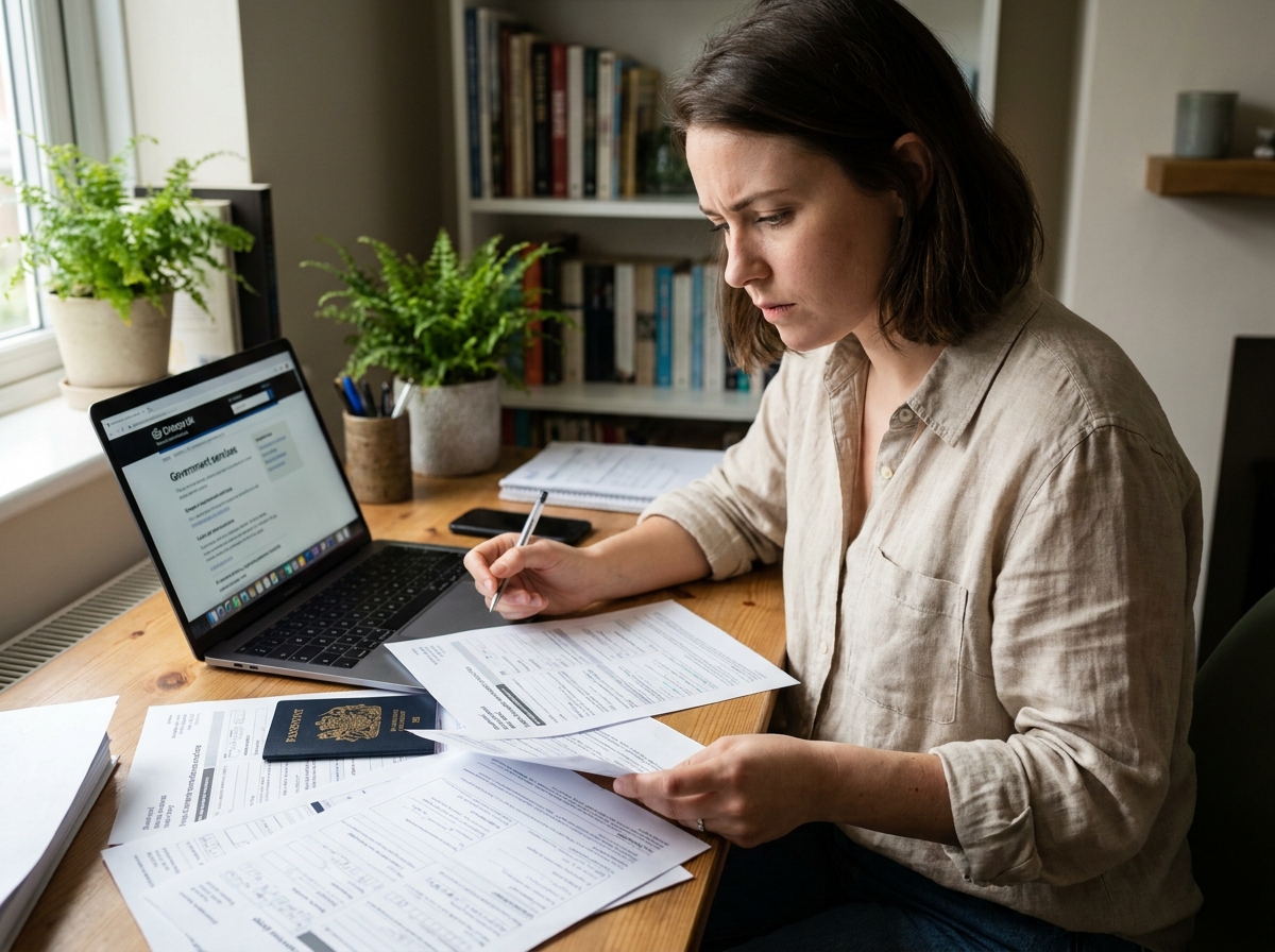 Jeune femme préparant sa demande de PVT en vérifiant des documents administratifs sur un bureau en bois
