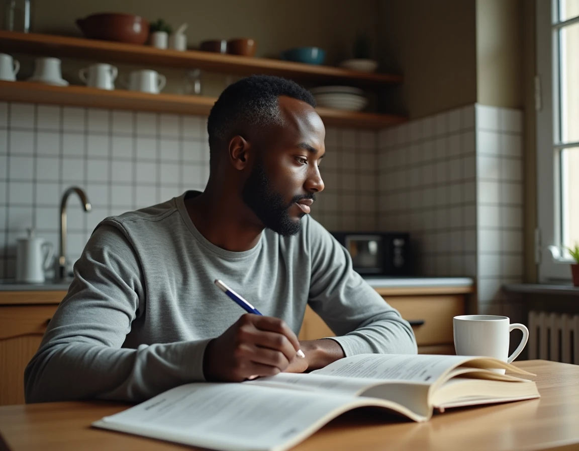 Homme préparant son entretien de naturalisation française en révisant 200 questions chez lui avec des notes manuscrites