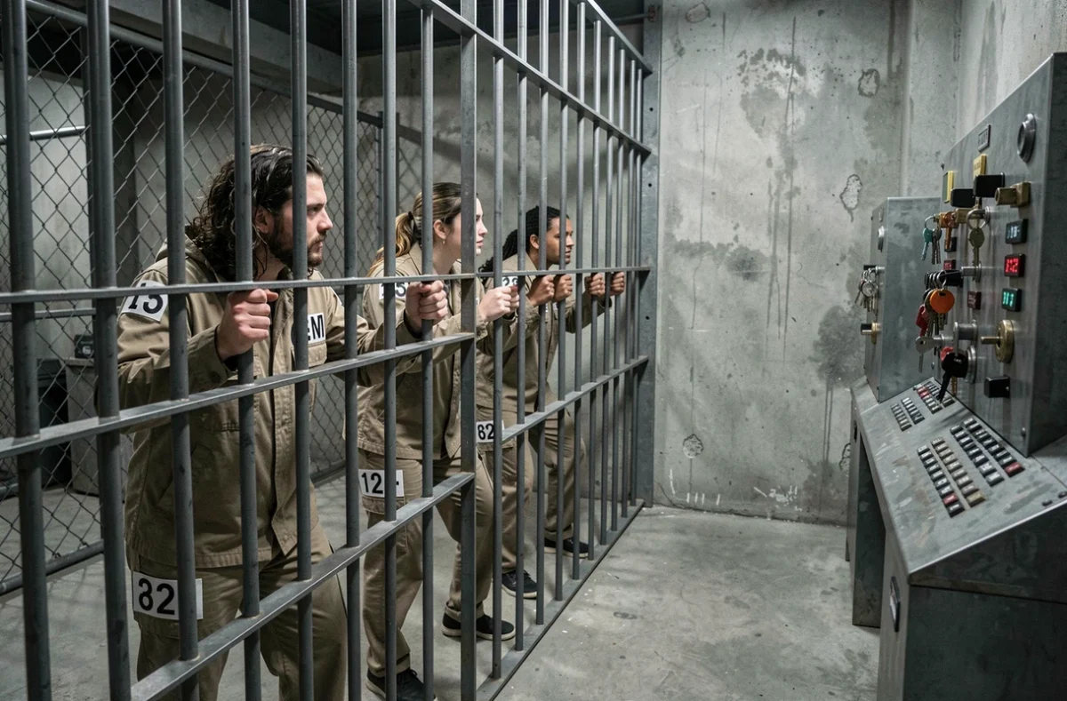 Joueurs en uniforme de détenus tentant de s'évader d'une cellule réaliste à Prison Island, Saint-Brice-sous-Forêt