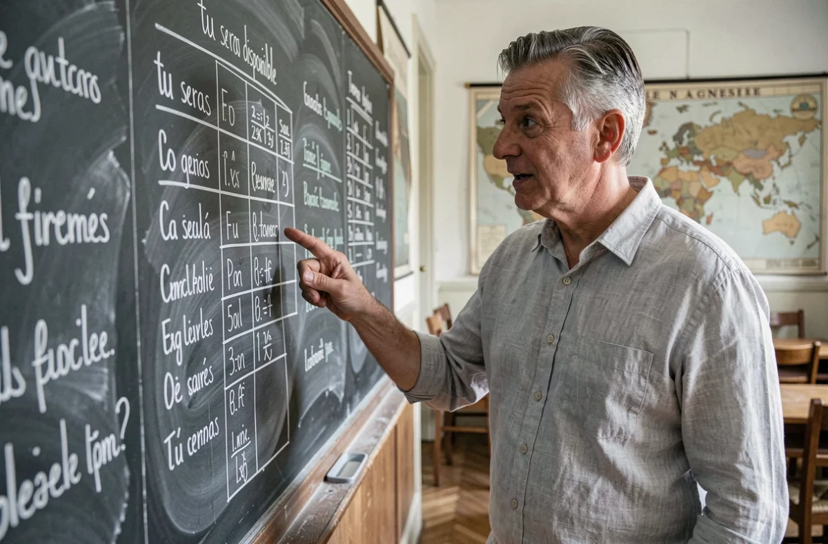 Professeur expliquant des règles de conjugaison française devant un tableau noir dans une salle de classe