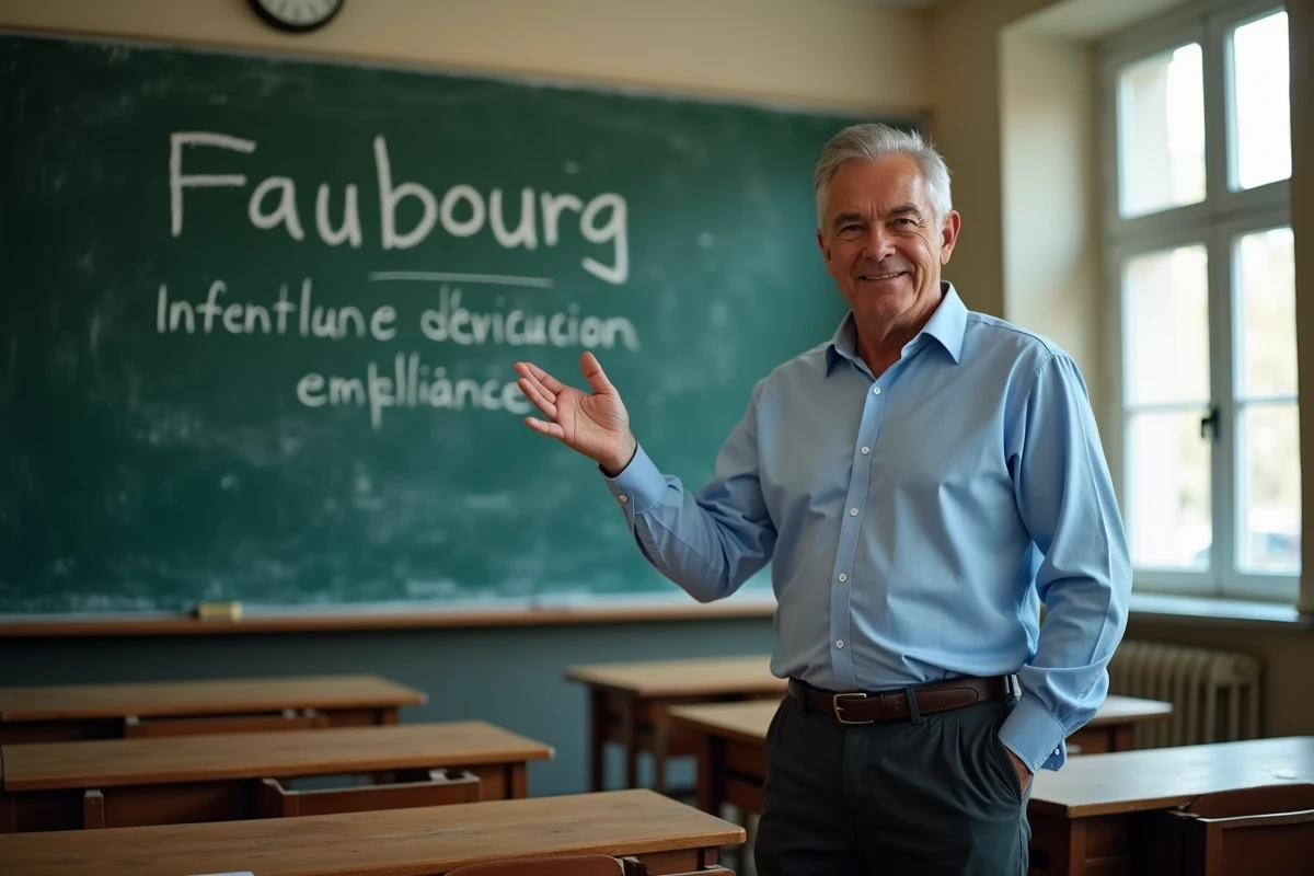 Professeur expliquant la définition simplifiée du mot faubourg devant un tableau noir dans une salle de classe