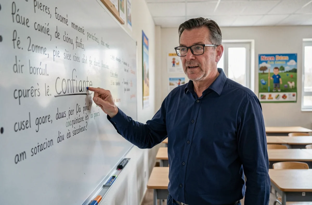 Professeur pointant le mot 'confiance' écrit sur un tableau blanc lors d'un cours d'orthographe française