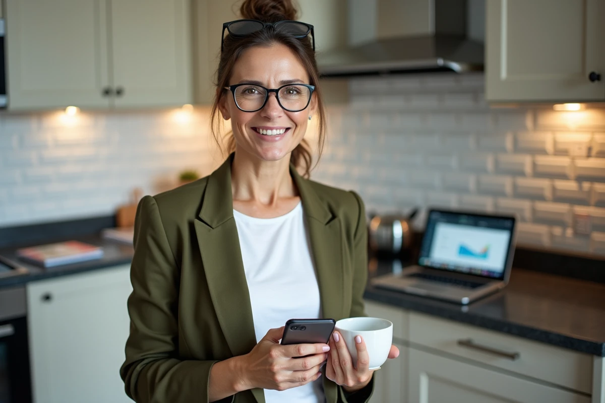 Professionnelle à domicile consultant une application de suivi de codes promo pendant sa pause café devant son ordinateur