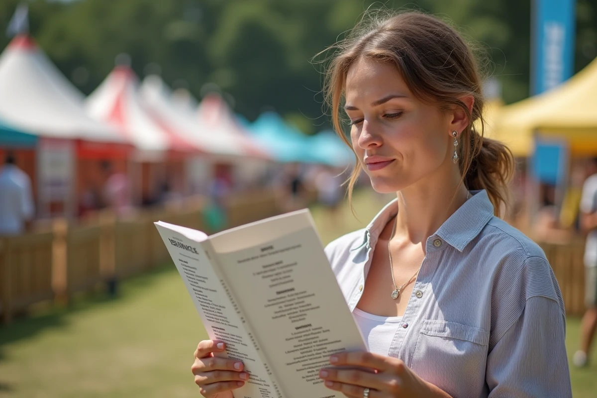 Festivalière consultant le programme de la programmation des Vieilles Charrues 2026 dans le camping du festival