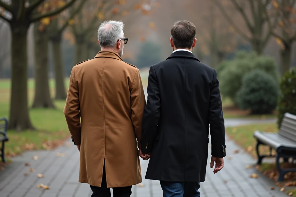 Deux personnes en manteaux automne marchant dans un parc urbain