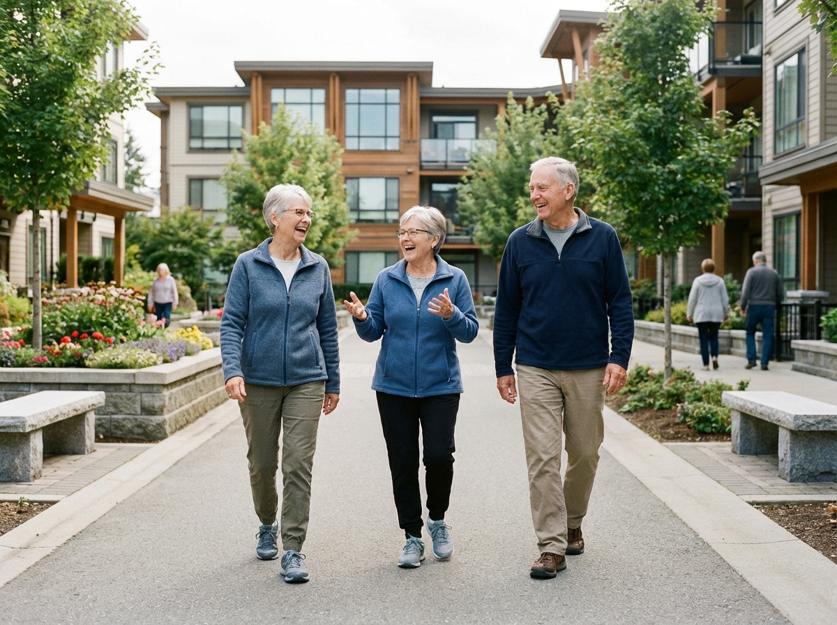 Groupe de seniors marchant dans un jardin moderne