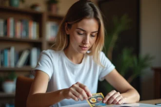 Femme protégeant une carte Pokémon rare dans une housse rigide transparente sur un bureau en bois