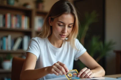Femme protégeant une carte Pokémon rare dans une housse rigide transparente sur un bureau en bois
