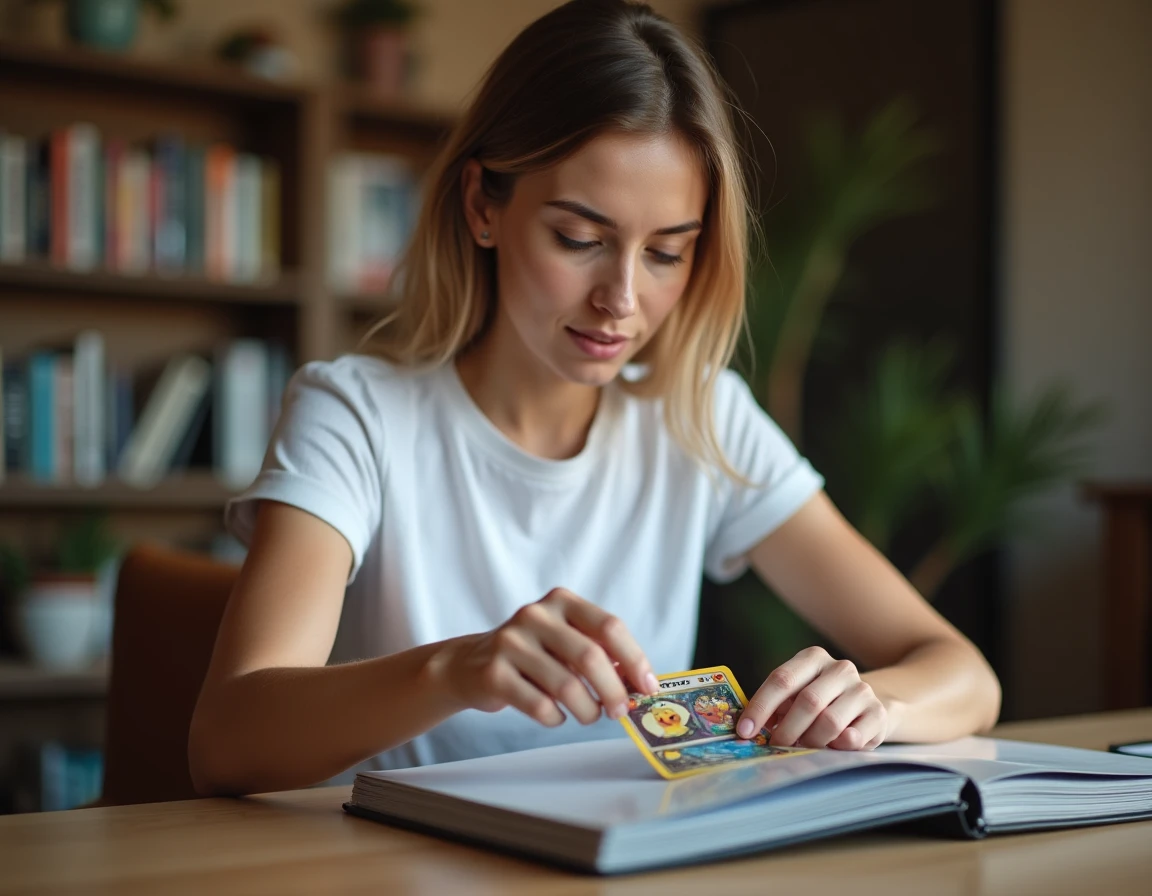 Femme protégeant une carte Pokémon rare dans une housse rigide transparente sur un bureau en bois