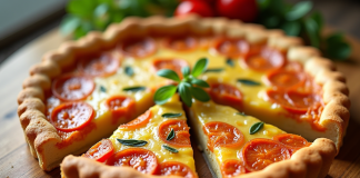 Quiche au chorizo fraîche coupée en parts sur une table en bois
