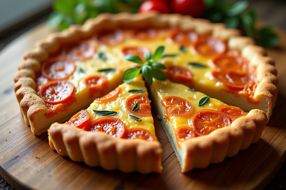 Quiche au chorizo fraîche coupée en parts sur une table en bois