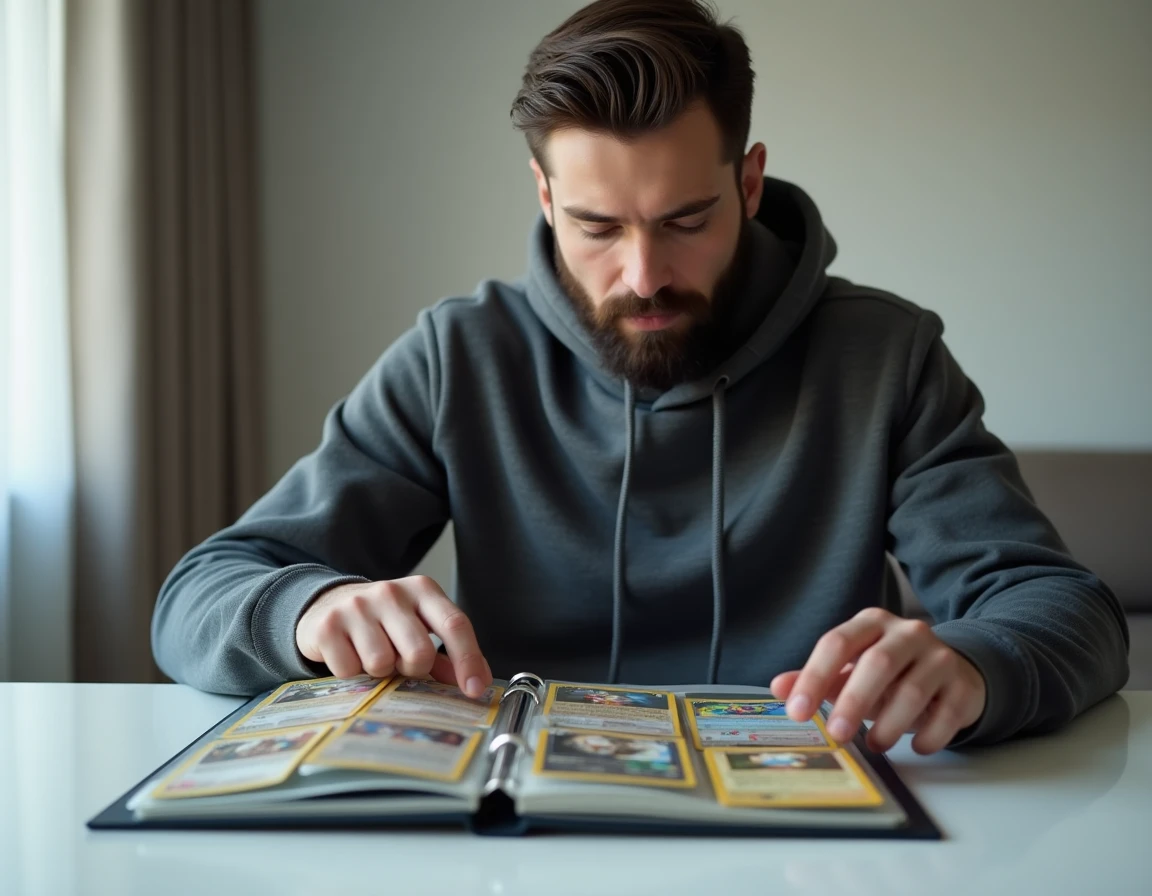 Homme rangeant des cartes Pokémon rares dans un classeur de protection plastique sur une table blanche