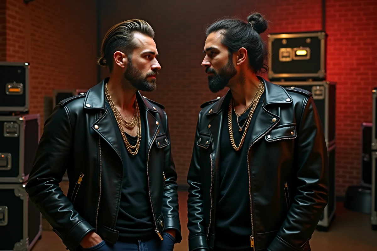 Deux rappeurs de tailles différentes discutant en backstage d'une salle de concert