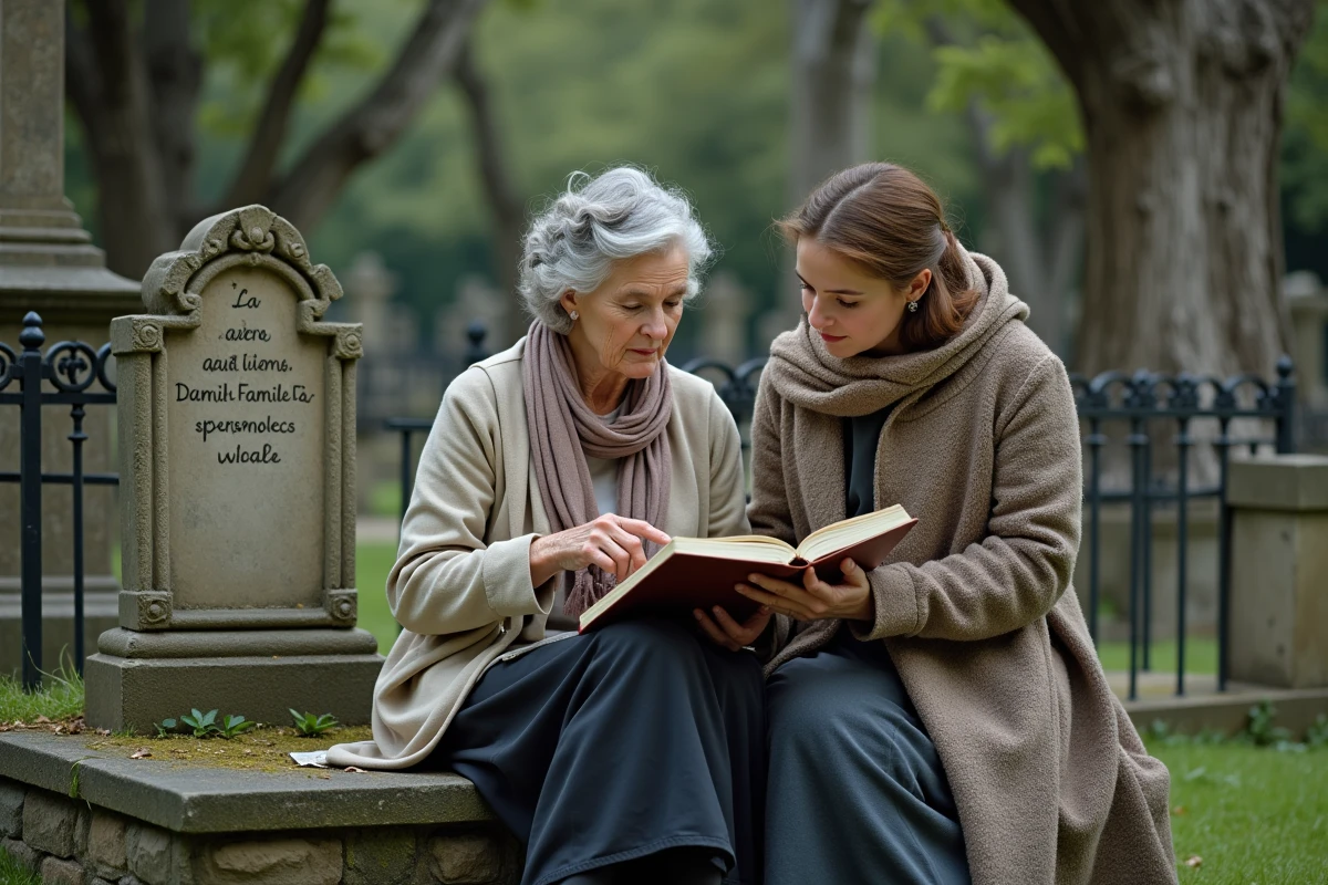 Deux femmes consultant des notes familiales dans un cimetière de village français devant une vieille pierre tombale, transmission des origines familiales
