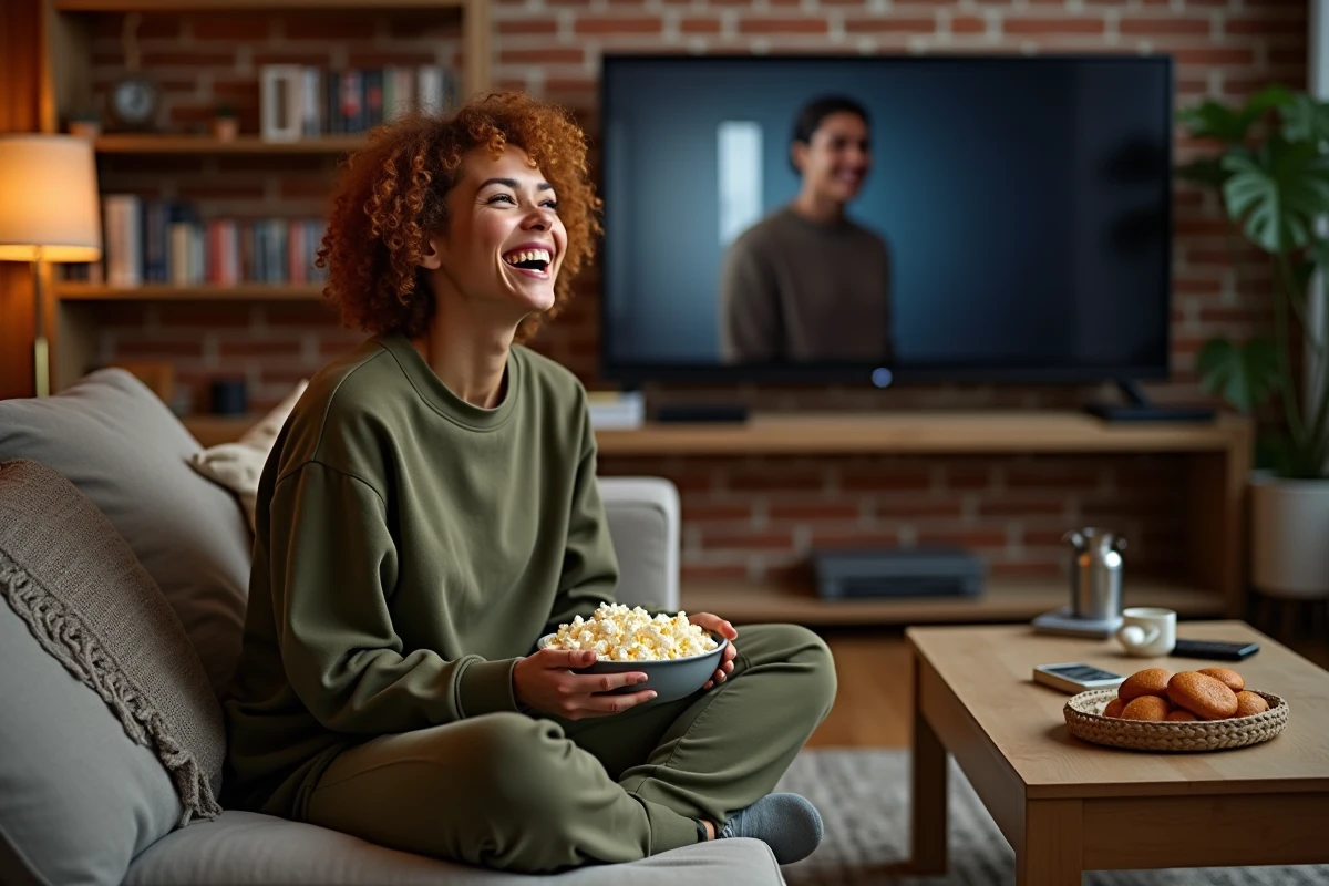 Femme riant sur un canapé en regardant un film de James Funn chez elle avec du popcorn