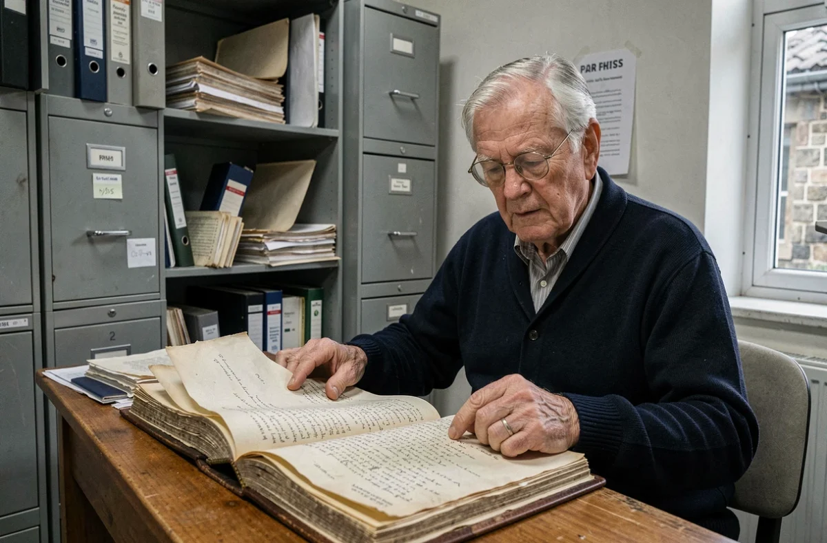 Vieil homme consultant un registre paroissial manuscrit dans un bureau d'archives municipales pour rechercher des noms de famille rares