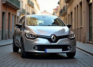 Renault Clio phase 2 argentée en ville en plein jour