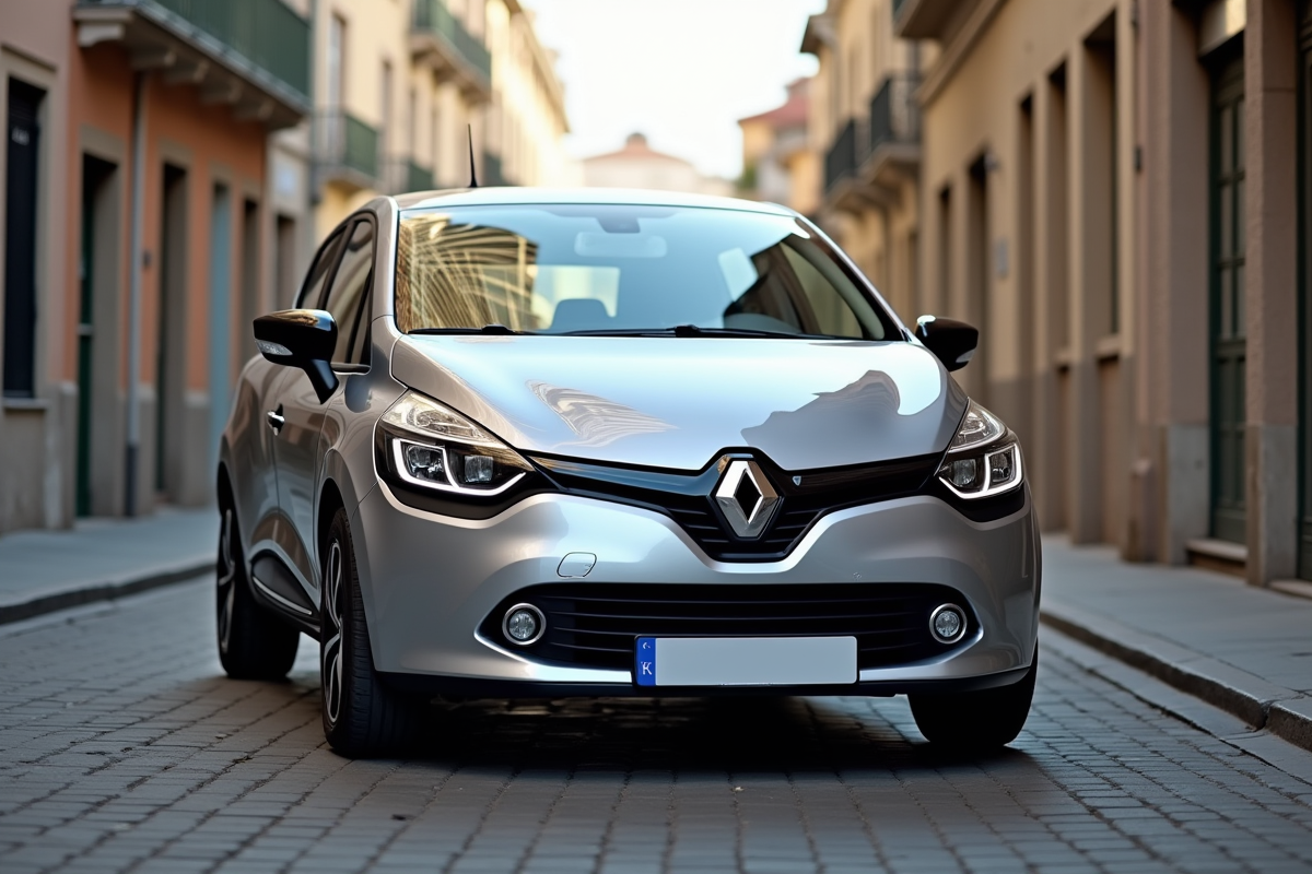 Renault Clio phase 2 argentée en ville en plein jour