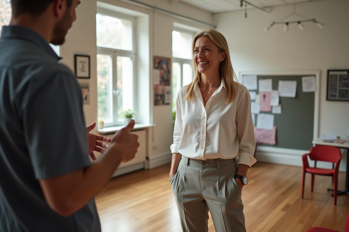 Femme souriante en répétition avec coach dans studio lumineux