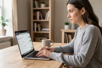 Femme annulant son abonnement Amazon Prime sur un ordinateur portable depuis un bureau à domicile