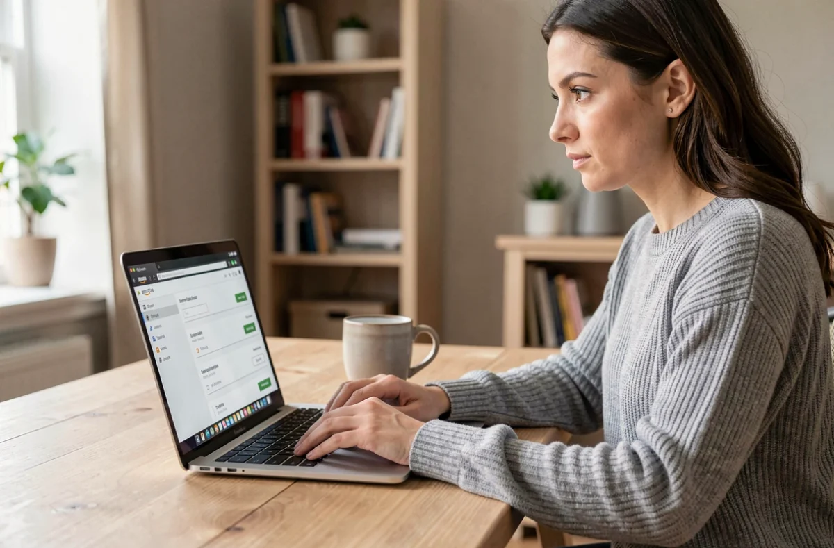 Femme annulant son abonnement Amazon Prime sur un ordinateur portable depuis un bureau à domicile