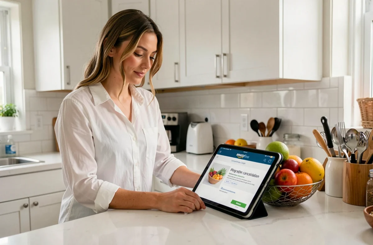 Jeune femme consultant les étapes de résiliation Amazon Prime sur une tablette dans une cuisine moderne