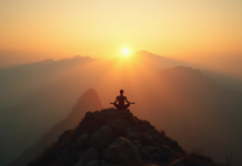 Voyageur méditant au lever du soleil sur une montagne en Asie