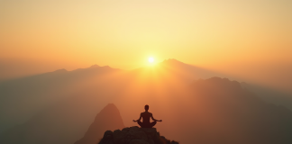 Voyageur méditant au lever du soleil sur une montagne en Asie