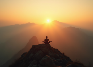 Voyageur méditant au lever du soleil sur une montagne en Asie