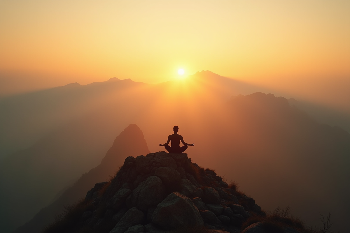 Voyageur méditant au lever du soleil sur une montagne en Asie