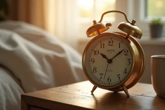 Gros plan d'un réveil analogique classique sur une table de nuit en bois indiquant 7h00 avec les mentions AM et PM visibles sur le cadran