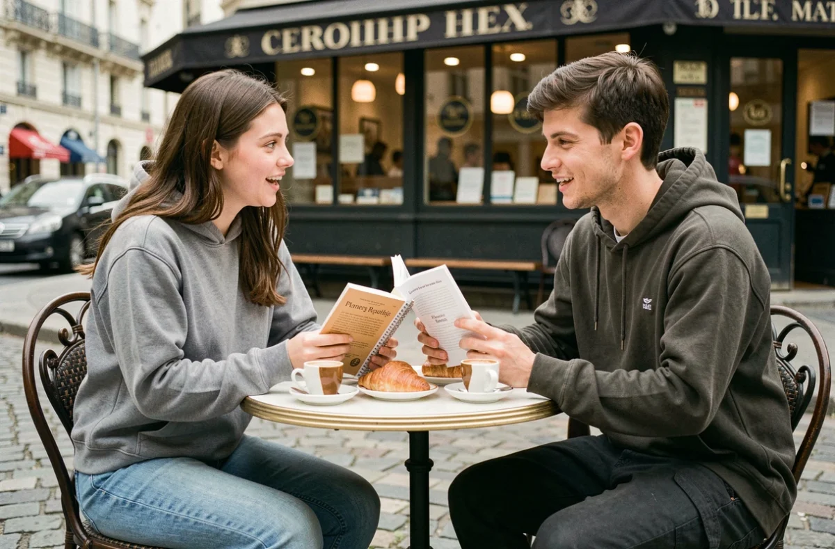 Deux jeunes gens révisant la grammaire française ensemble en terrasse de café à Paris