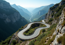Route de montagne sinueuse en France avec virages serrés