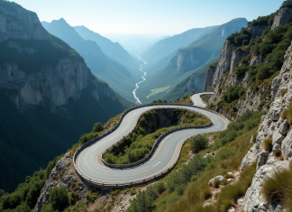 Route de montagne sinueuse en France avec virages serrés