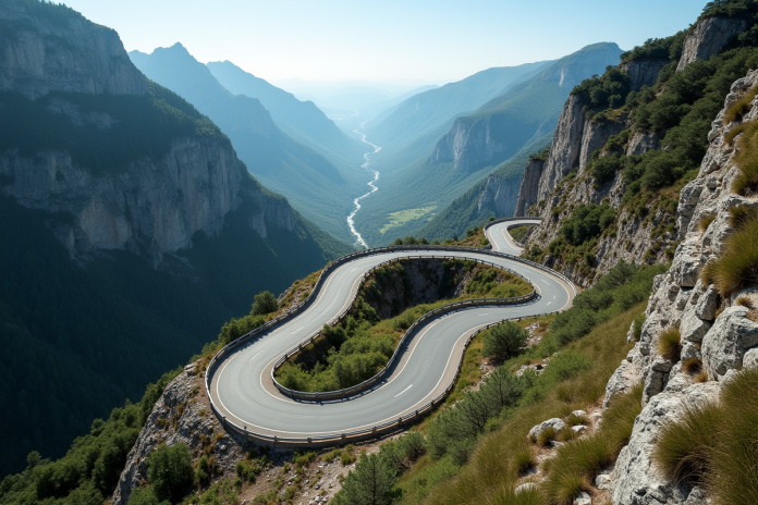 Route de montagne sinueuse en France avec virages serrés