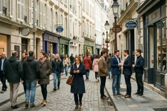 Rue animée d'un quartier de Rennes avec une foule diverse de piétons, illustrant la densité démographique de la ville en 2026