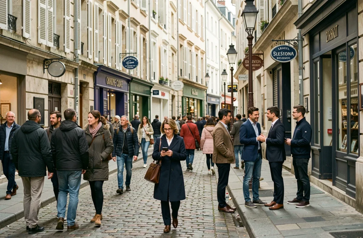Rue animée d'un quartier de Rennes avec une foule diverse de piétons, illustrant la densité démographique de la ville en 2026