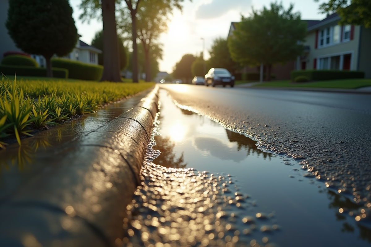 Rue de banlieue après pluie avec flaques et soleil