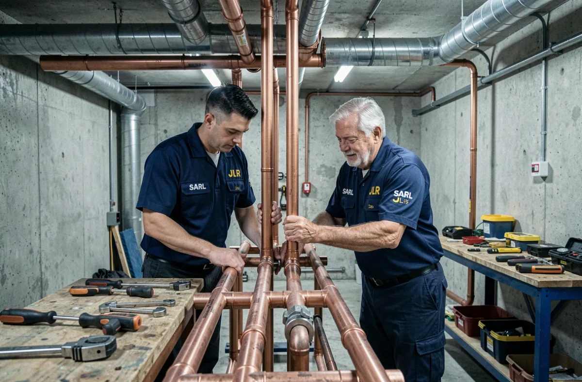 Deux plombiers de SARL JLR collaborant sur une installation de canalisations en cuivre dans un sous-sol commercial