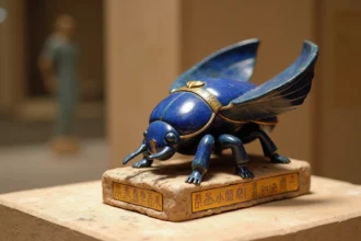 Scarabée égyptien sculpté en lapis-lazuli avec inscriptions hiéroglyphiques sur pierre ancienne dans un musée