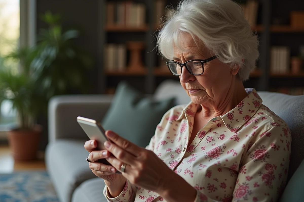 Femme âgée consultant une recherche de numéro inversé sur son smartphone dans son salon