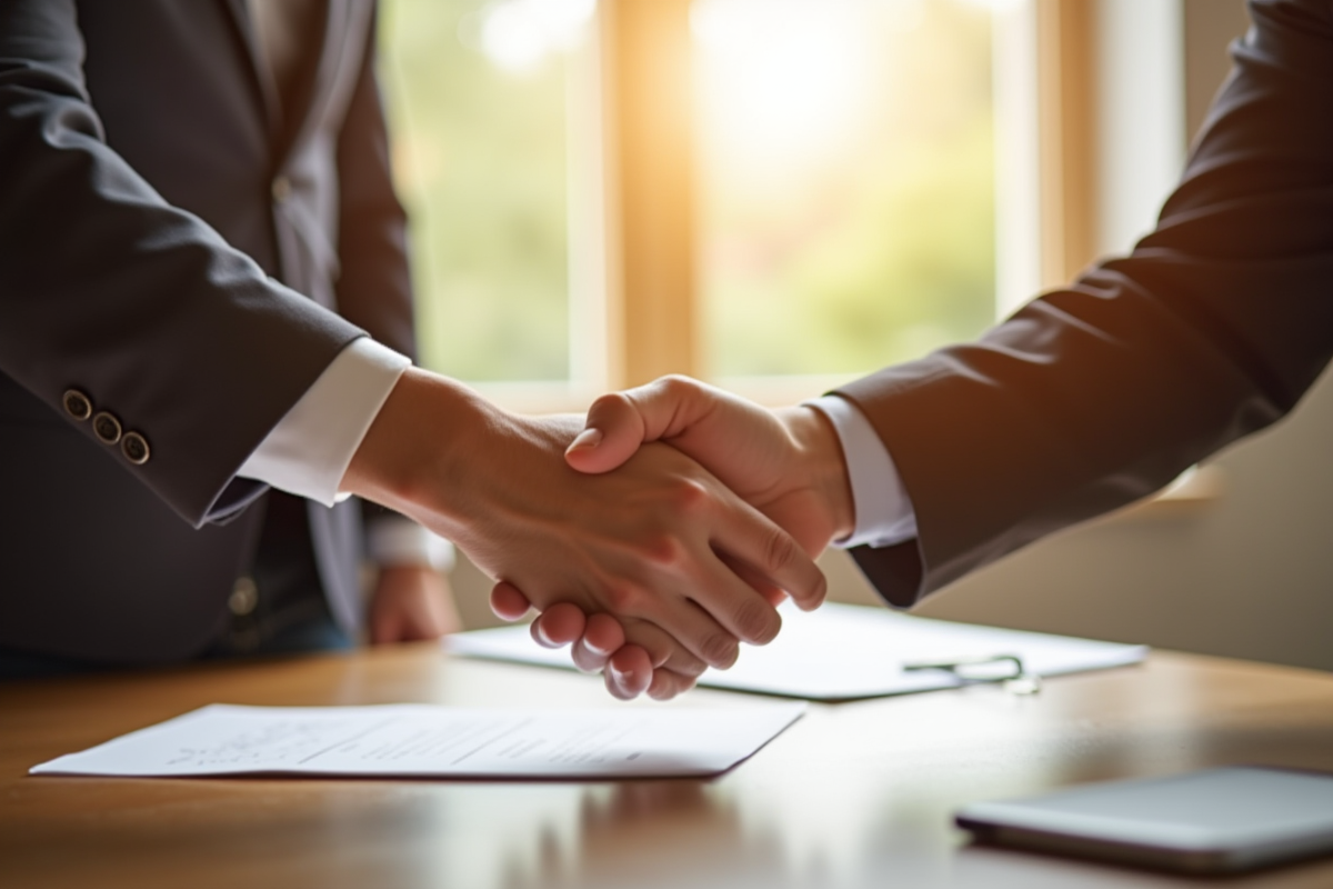 Deux personnes se serrant la main sur un contrat lors d'une réunion